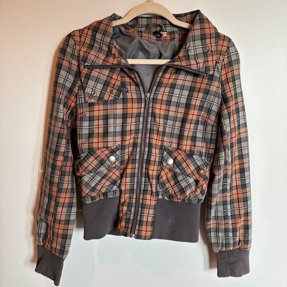 Divided Y2K Brown Plaid Crop Bomber Jacket Tartan Size 4/XS FLAWS Moto Grunge